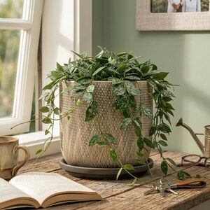 6 Inch Ceramic Barrel Planter with Attached Saucer, Gray and Beige Textured